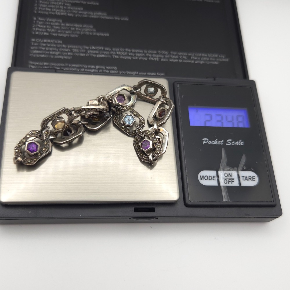 Vintage Sterling Silver Marcasite Multi Gemstone Art Deco Link Bracelet 925 - Picture 9 of 9